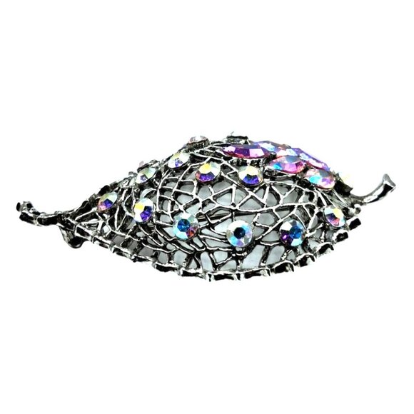 Vintage Rhinestone Leaf Brooch Domed Pin Pink Aurora Borealis Costume Jewelry - Picture 4 of 8